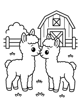 Two cute baby alpacas touching noses in front of a barn on this alpaca coloring page.