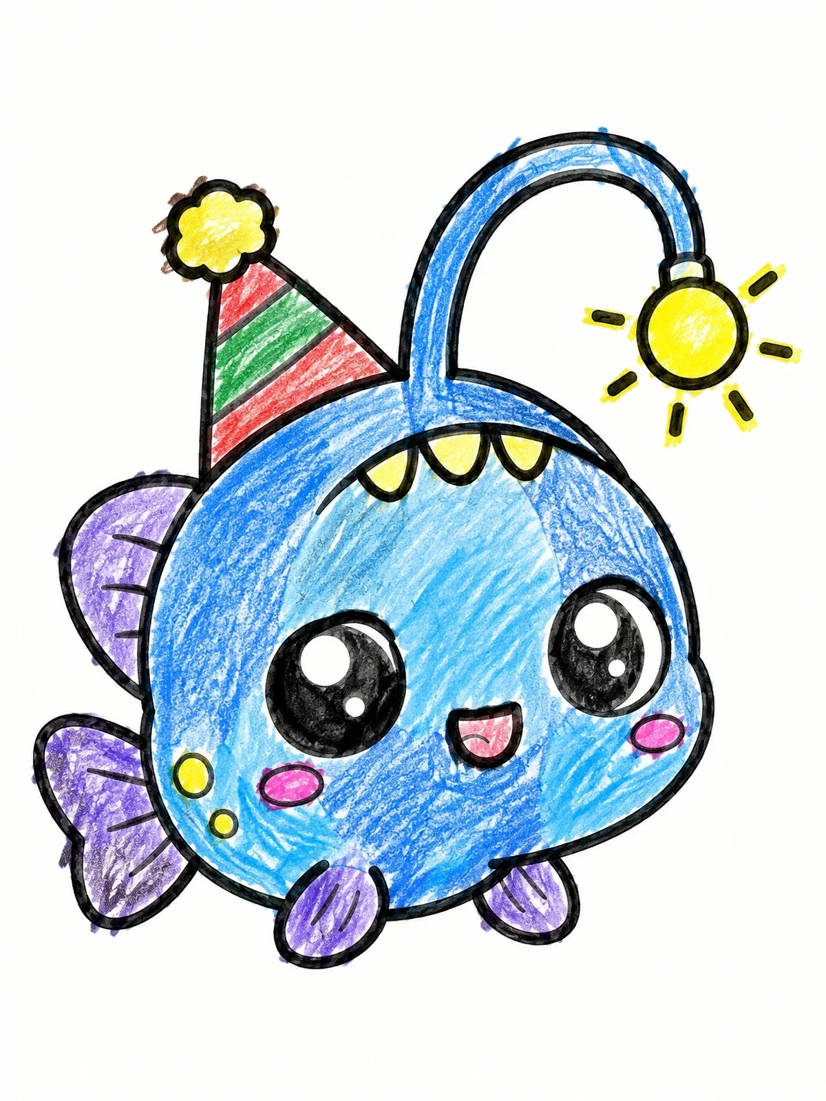 Colored example of the Cute Baby Anglerfish With Party Hat coloring page