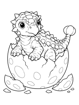 A cute baby ankylosaurus coloring page hatching from a spotted eggshell.