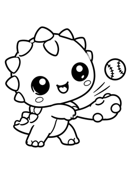 Cute baby ankylosaurus coloring page hitting a baseball with its tail club.