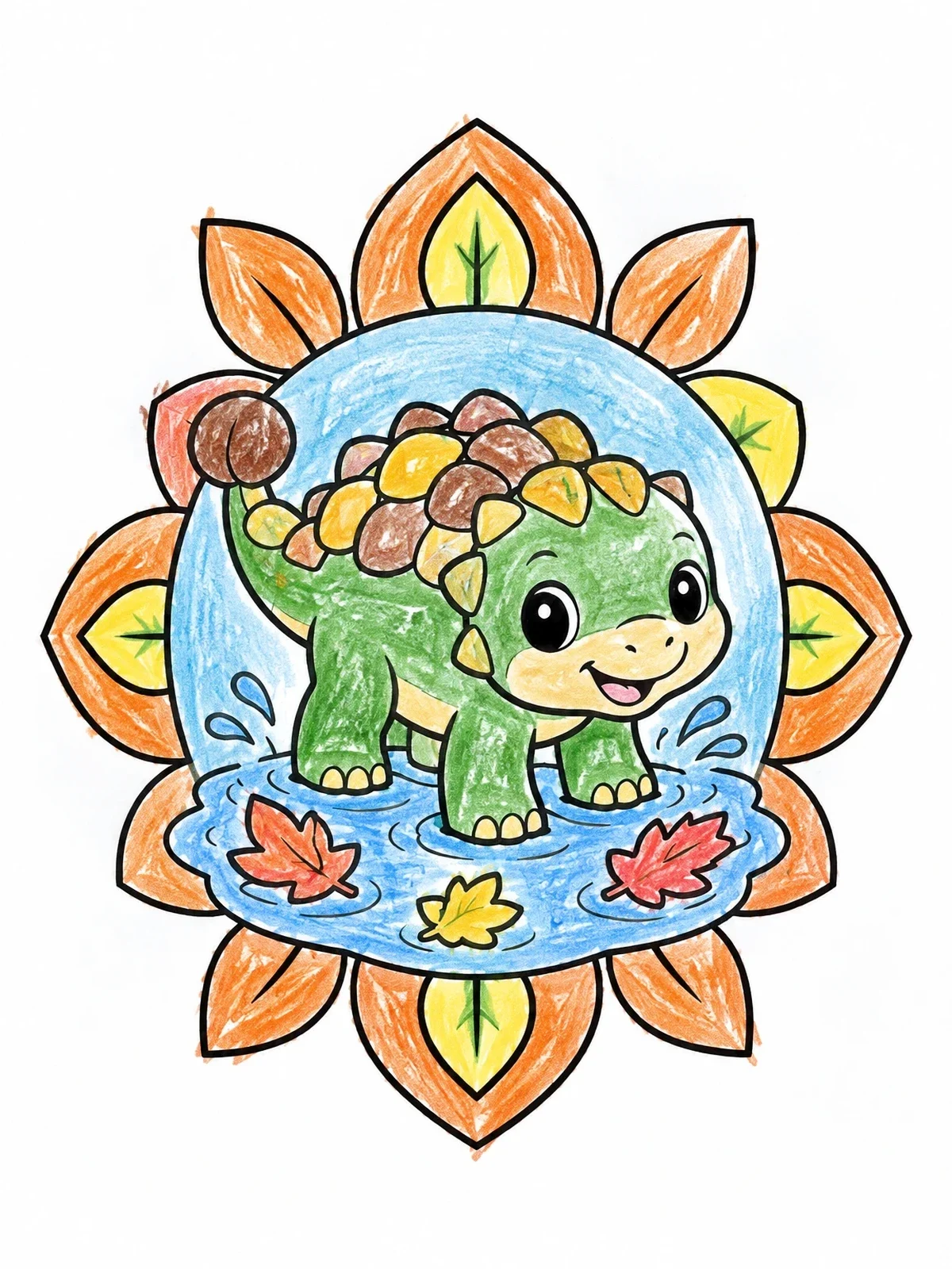 Colored example of the Cute Baby Ankylosaurus Splashing In Puddle coloring page
