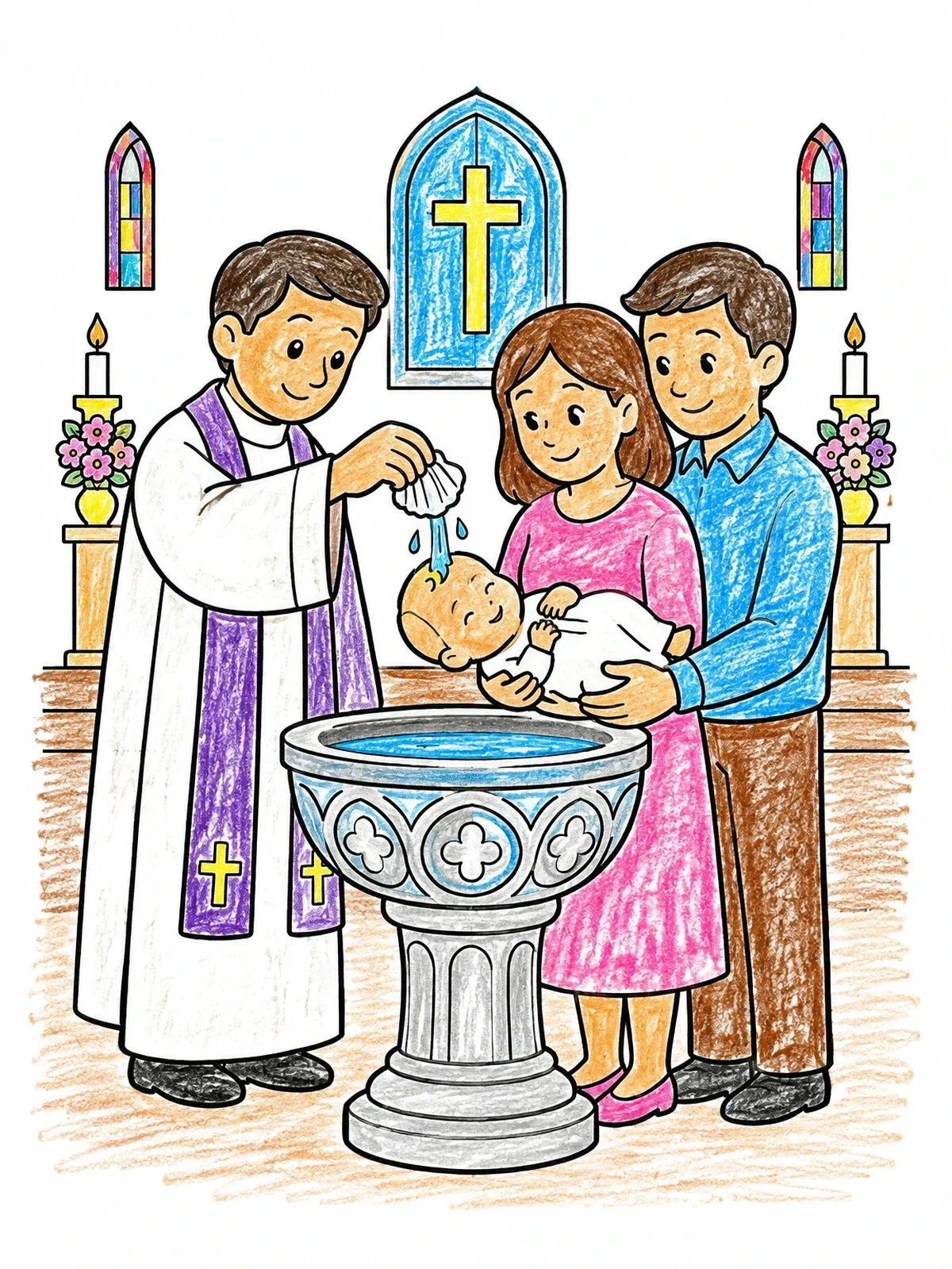 Colored example of the Baby Baptism At The Church Font coloring page