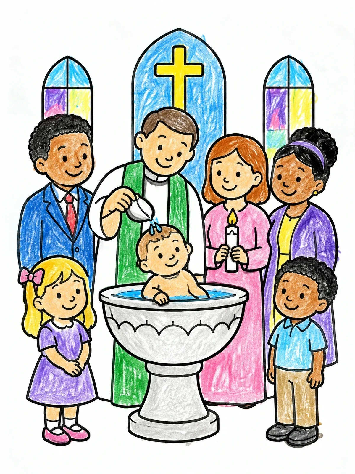 Colored example of the Family Gathering At Baby Baptism coloring page