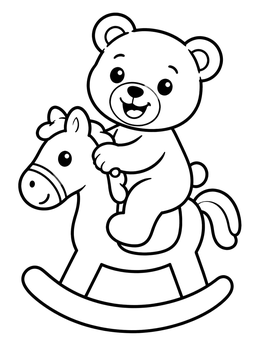A happy bear coloring page featuring a small cub riding a toy rocking horse.
