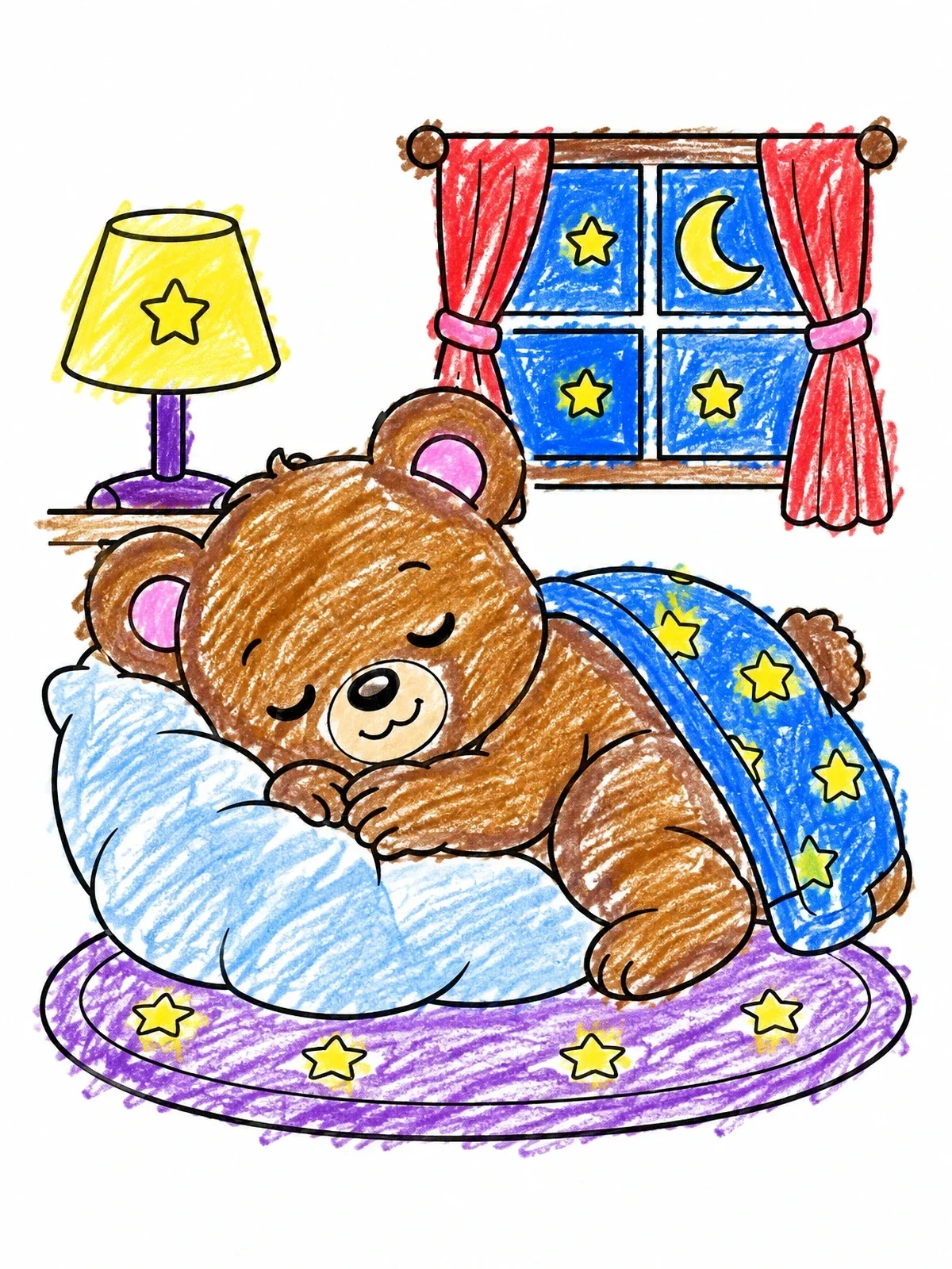 Colored example of the Cute Baby Bear Sleeping In Bed coloring page