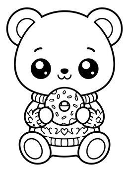 A sweet baby bear coloring page featuring a cozy sweater and a donut.