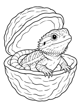 A tiny baby bearded dragon resting inside an open shell in this bearded dragon coloring page.