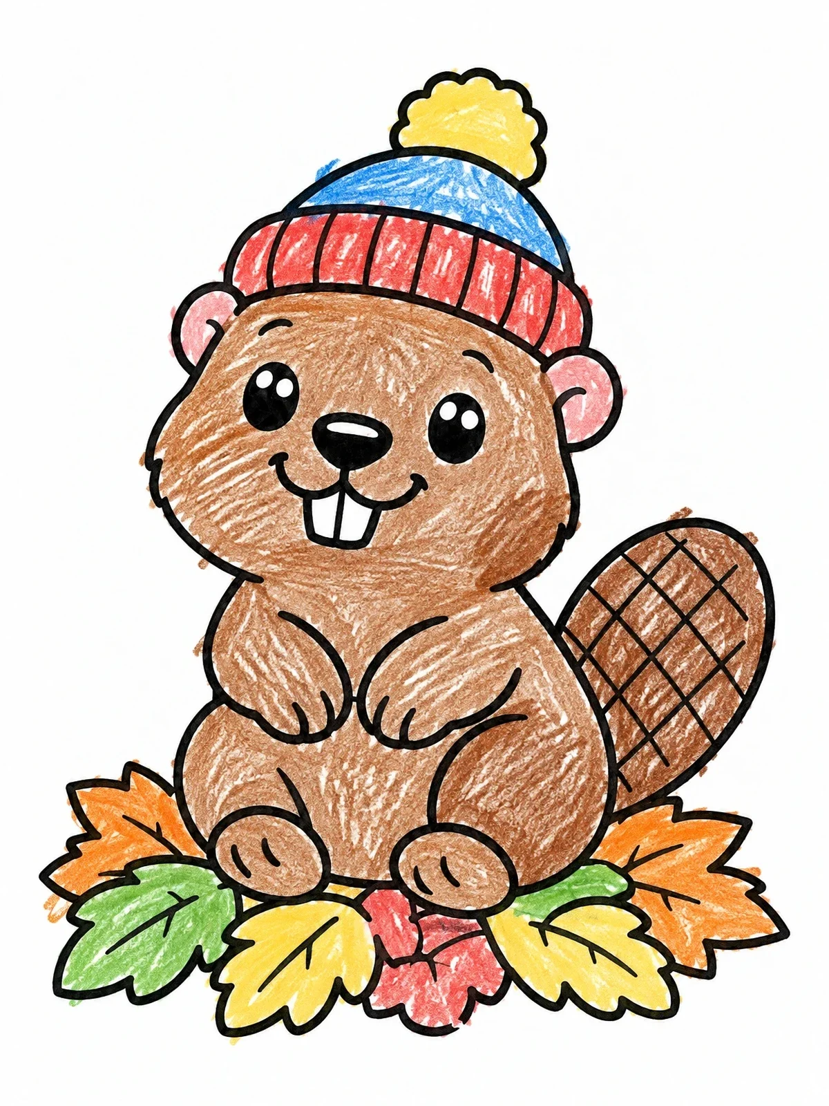 Colored example of the Cute Baby Beaver In Winter Beanie coloring page