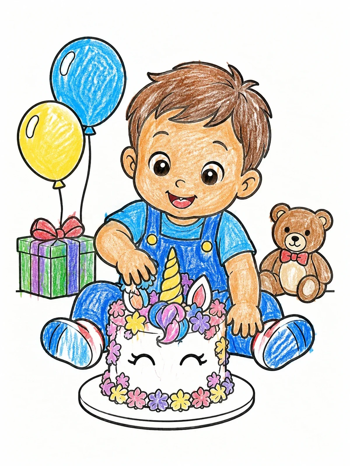 Colored example of the Baby With Birthday Unicorn Smash Cake coloring page