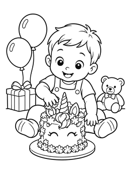 Toddler enjoying a cute unicorn cake coloring page next to balloons and a teddy bear.