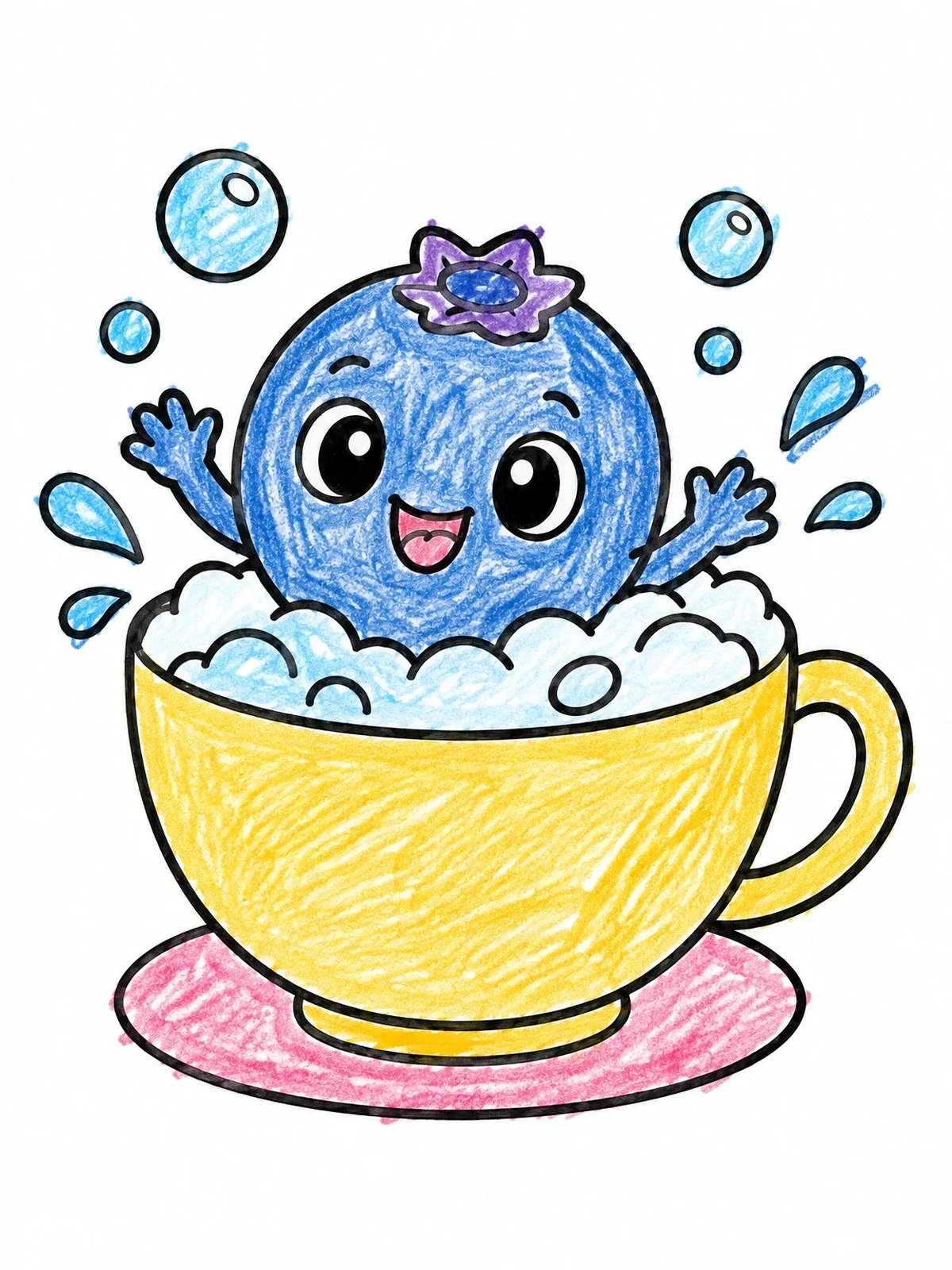 Colored example of the Cute Blueberry In A Bubble Bath Teacup coloring page