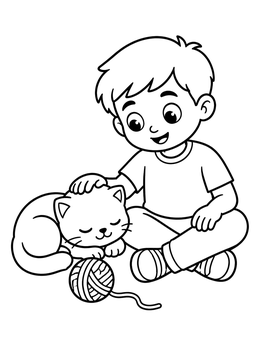 A cheerful boy petting a sweet baby kitten in this baby coloring page.