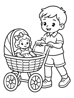 Free printable Boy Pushing Doll In Carriage coloring page