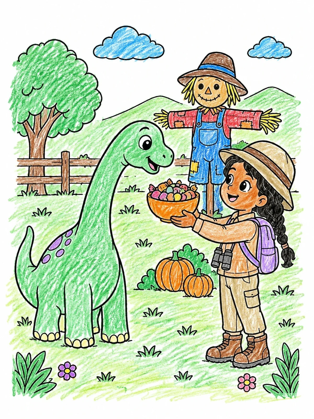 Colored example of the Cute Brachiosaurus And Halloween Explorer coloring page