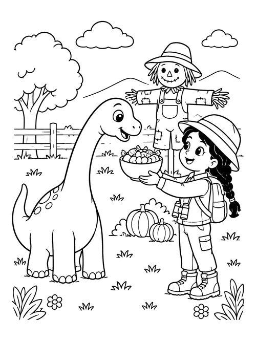 Cute Brachiosaurus and Halloween Explorer coloring page