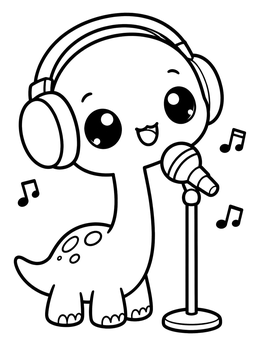 A cute baby brachiosaurus coloring page showing a little dinosaur wearing headphones and singing into a microphone.