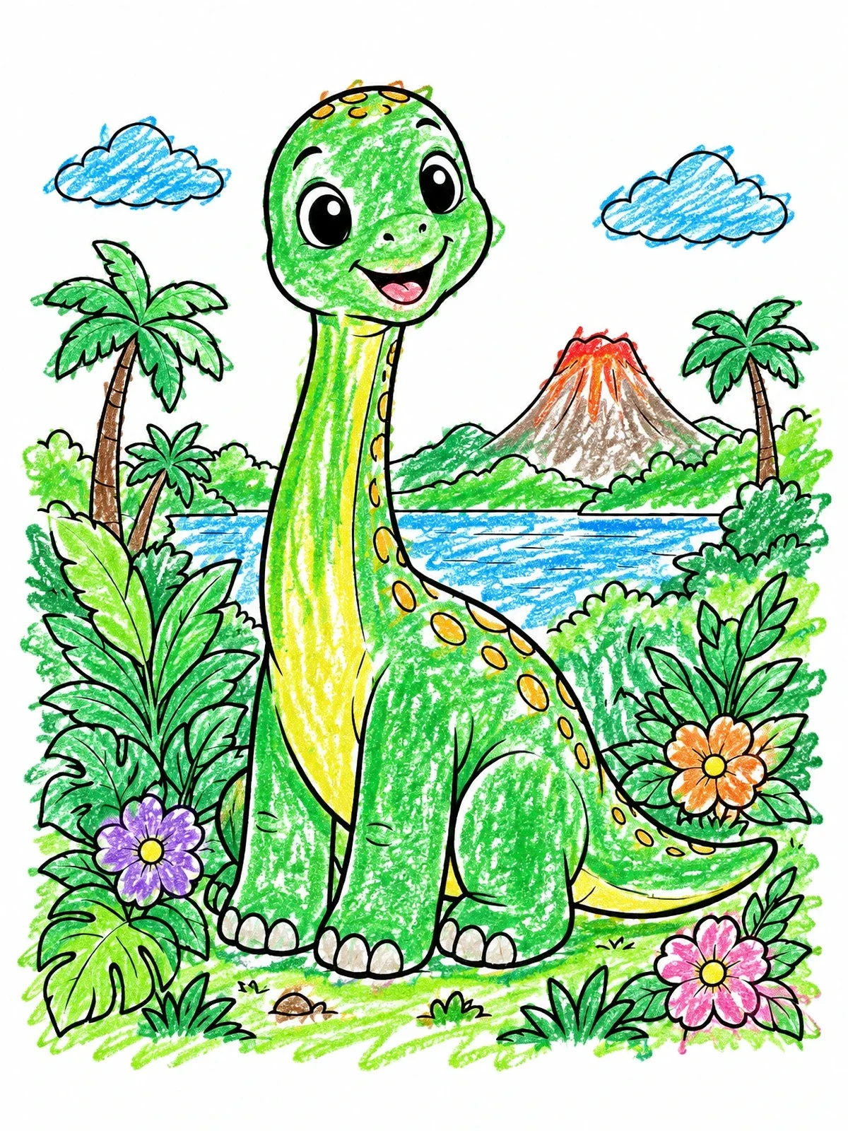 Colored example of the Cheerful Baby Brachiosaurus In The Jungle coloring page