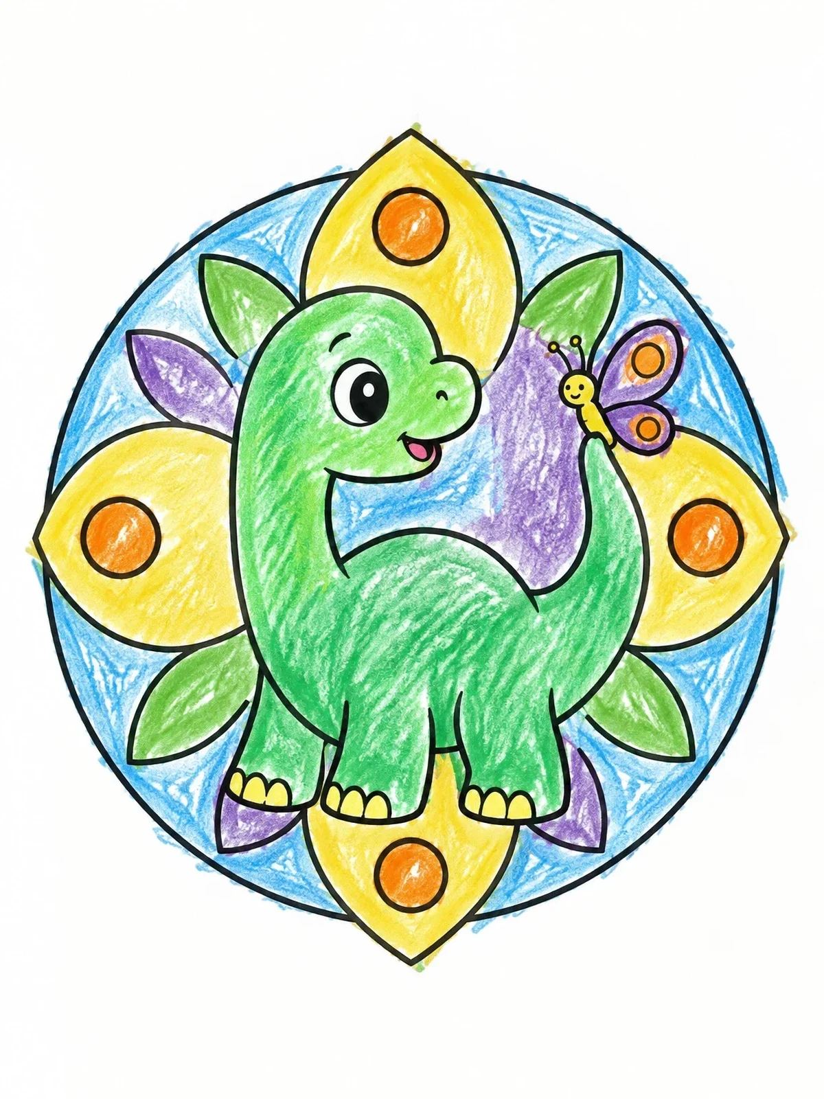 Colored example of the Cute Baby Dinosaur And Butterfly Mandala coloring page