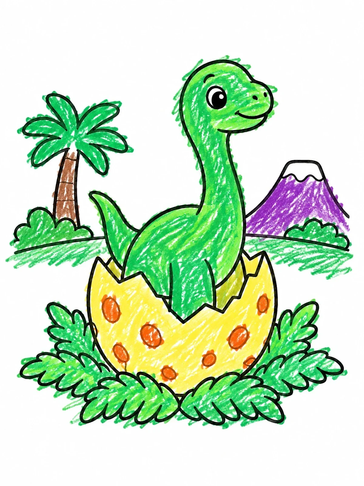 Colored example of the Baby Brontosaurus Hatching From Egg coloring page