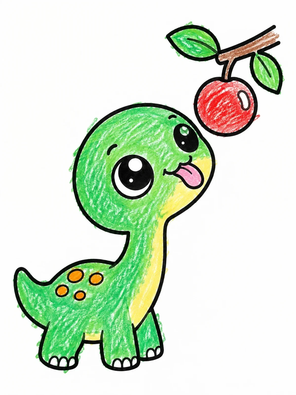 Colored example of the Cute Baby Brontosaurus Reaching For Fruit coloring page