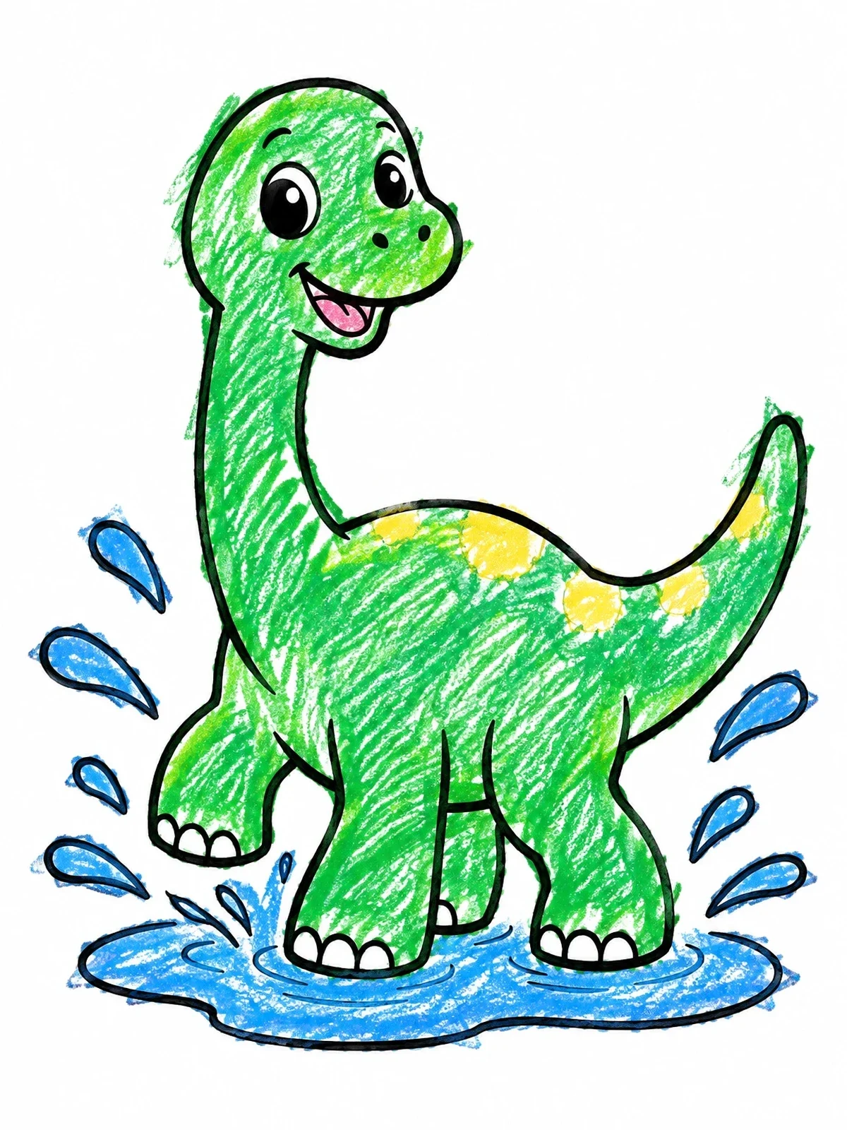 Colored example of the Cute Baby Brontosaurus Splashing Puddle coloring page