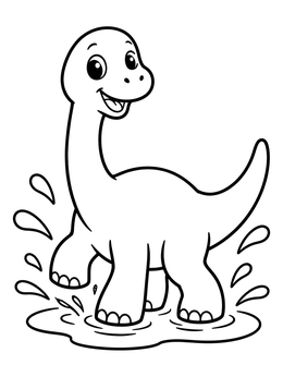Free printable Cute Baby Brontosaurus Splashing Puddle coloring page