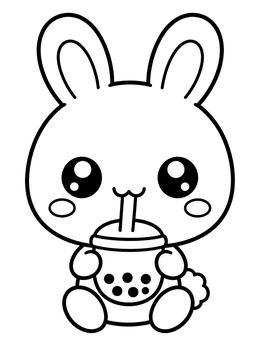A sweet baby bunny coloring page showing a little rabbit sipping delicious boba milk tea.
