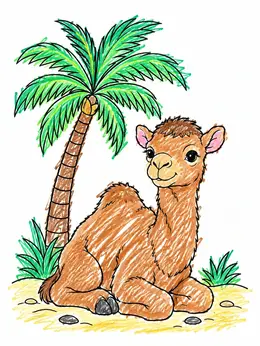 Cute Baby Camel Resting By Palm Tree Coloring Page