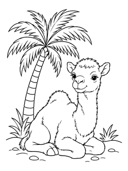 A peaceful baby camel coloring page showing the young animal resting beside a palm tree.