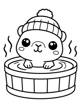 A cute baby capybara coloring page relaxing in a wooden hot tub with a warm beanie.