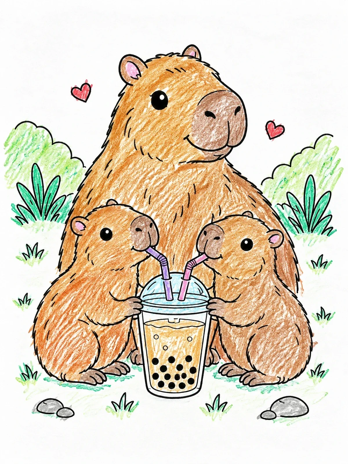 Colored example of the Capybara Family Sharing Boba Tea coloring page