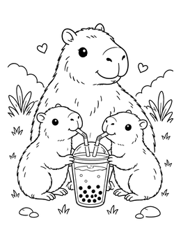 Two little pups drink with straws in this cute capybara coloring page.