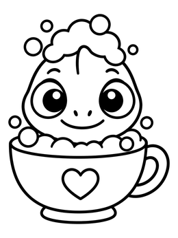 A baby chameleon coloring page showing the cute reptile in a bubbly teacup bath.