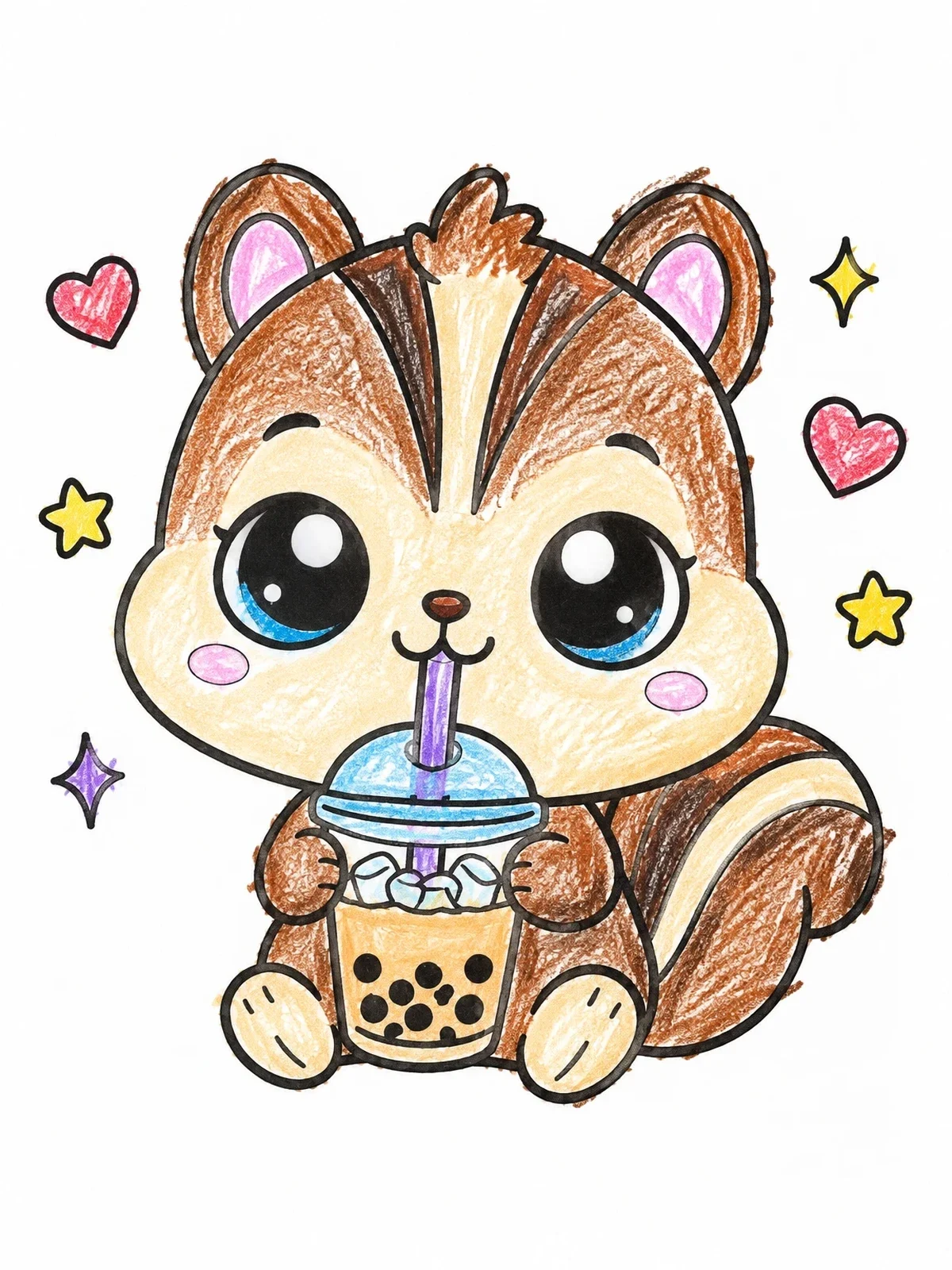 Colored example of the Cute Baby Chipmunk Drinking Boba coloring page