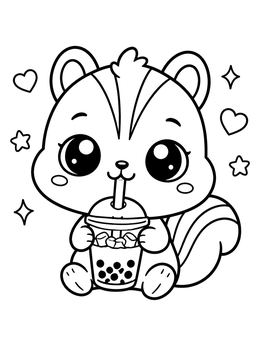 A cute baby chipmunk coloring page featuring the little animal sipping a cup of iced boba tea.