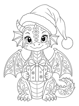 A festive christmas dragon coloring page featuring a baby dragon holding a gift and wearing a Santa hat.