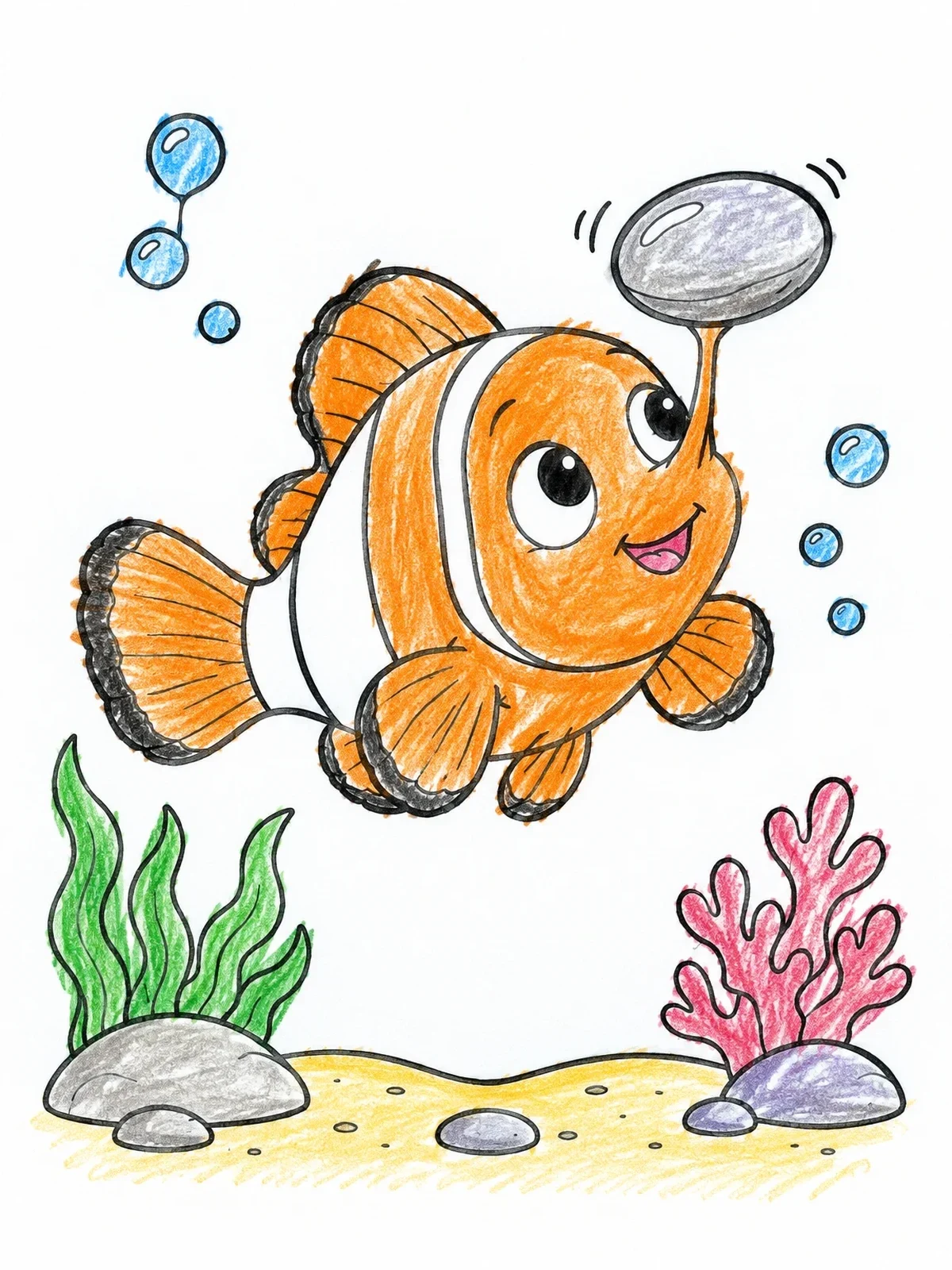 Colored example of the Playful Baby Clownfish Balancing A Pebble coloring page