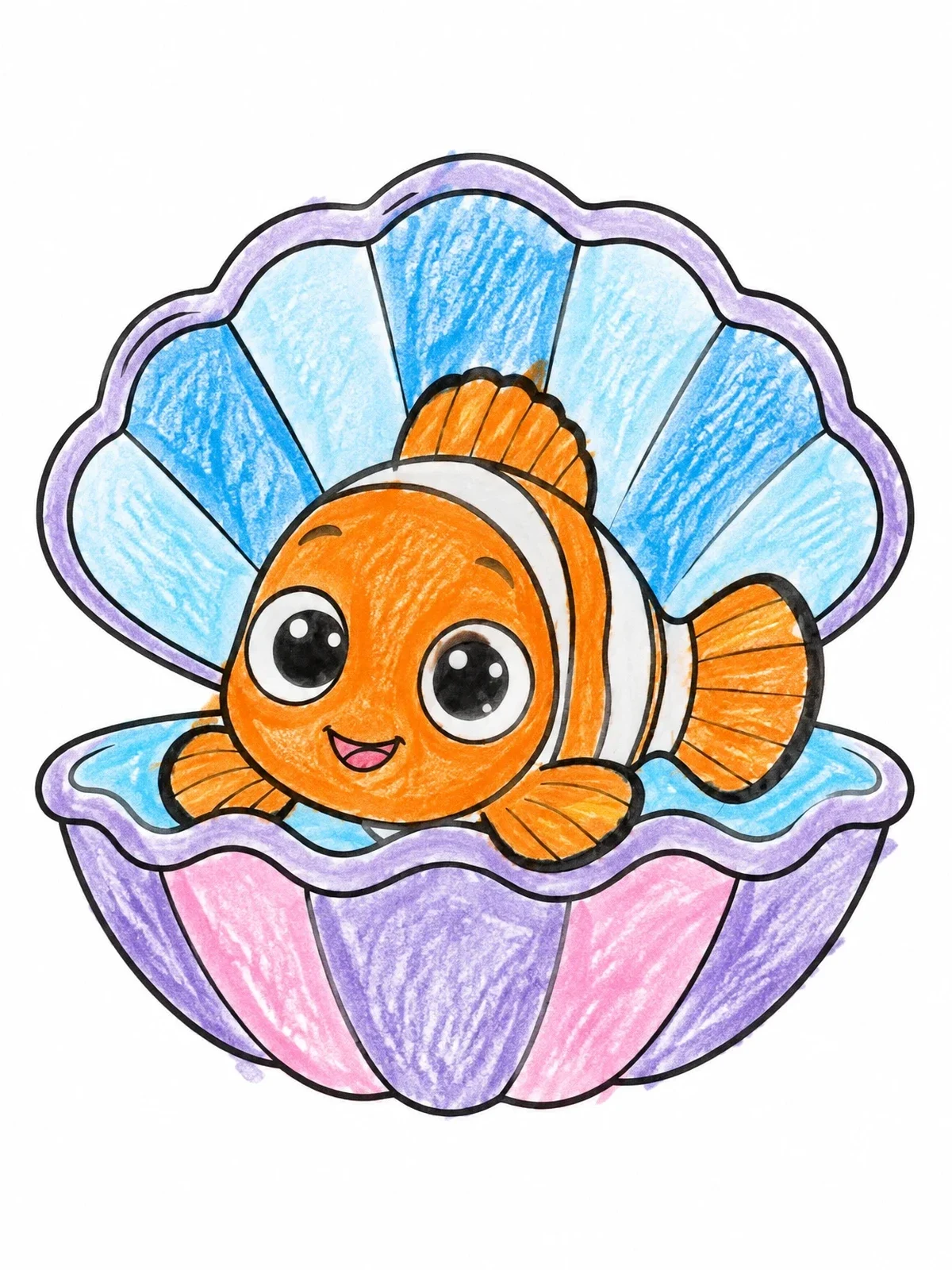 Colored example of the Cute Baby Clownfish Inside Shell coloring page