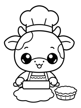A sweet little cow coloring page featuring a baby calf in a chef hat rolling dough.