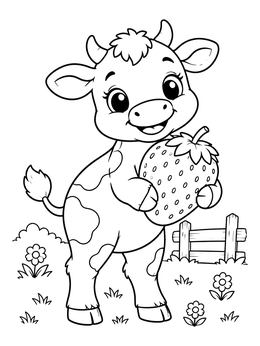 A sweet calf holds a giant berry in this cute cow coloring page.