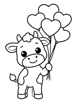 A sweet calf holds party balloons on this cow coloring page.