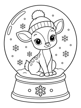 An adorable baby deer wearing a winter beanie inside a snowglobe coloring page with falling snowflakes.