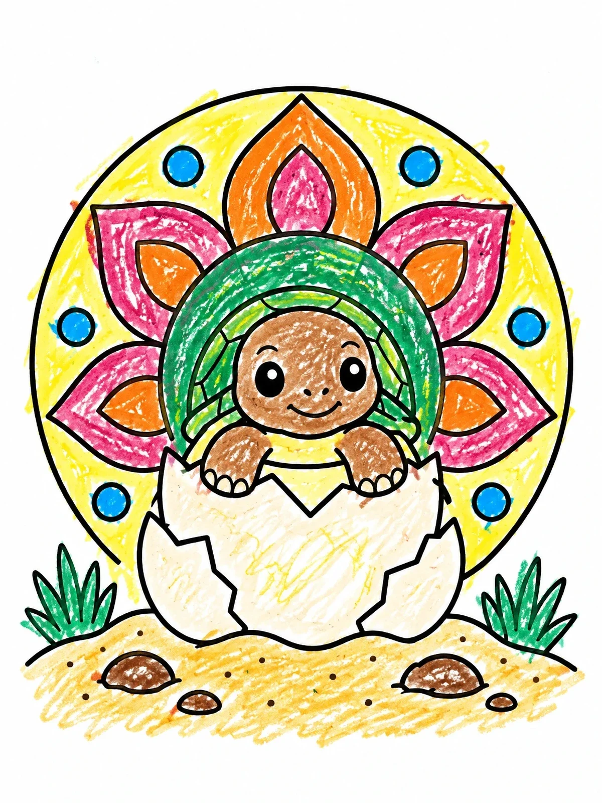 Colored example of the Cute Baby Tortoise Hatching coloring page