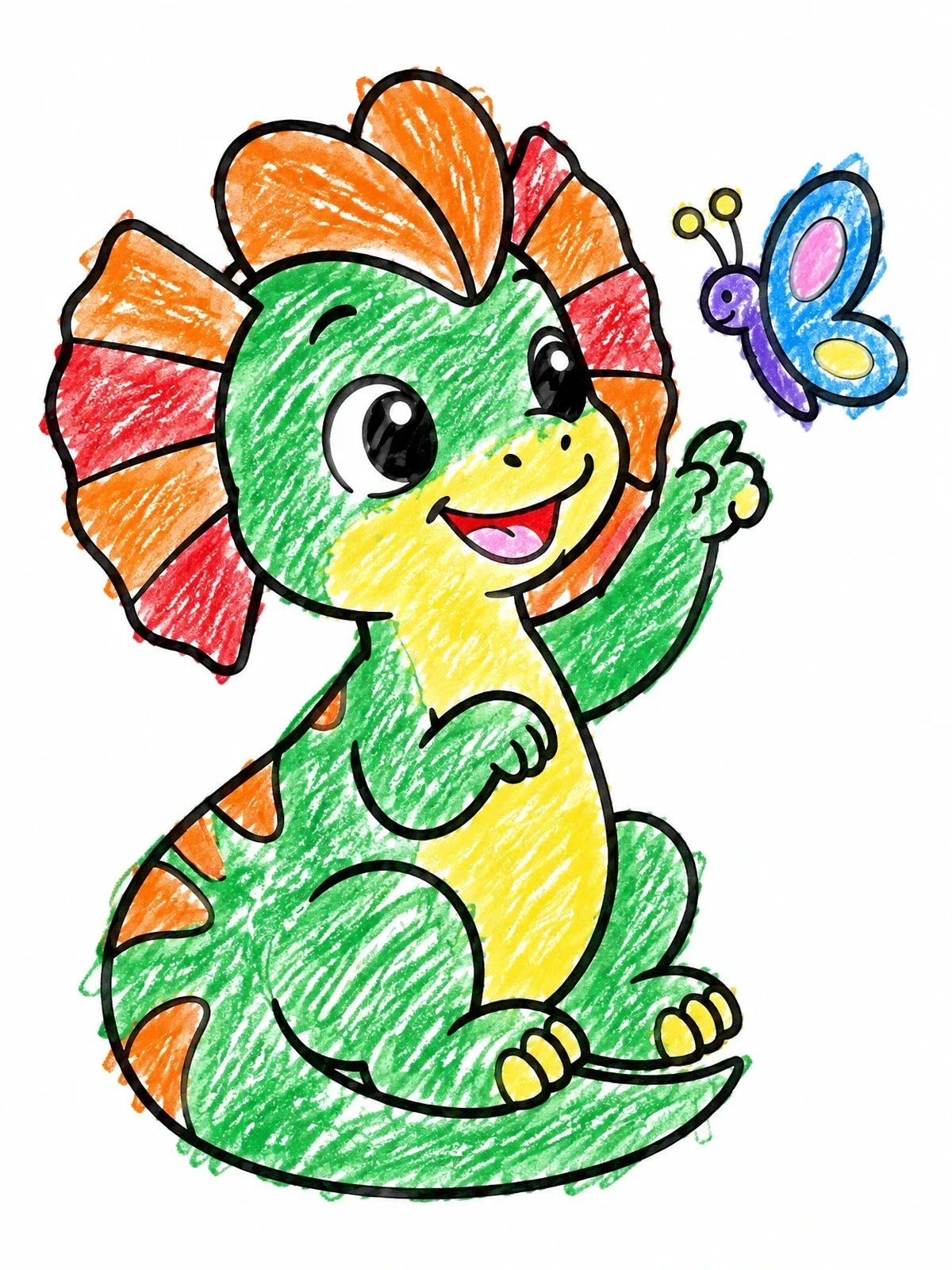 Colored example of the Cute Baby Dilophosaurus With Butterfly coloring page