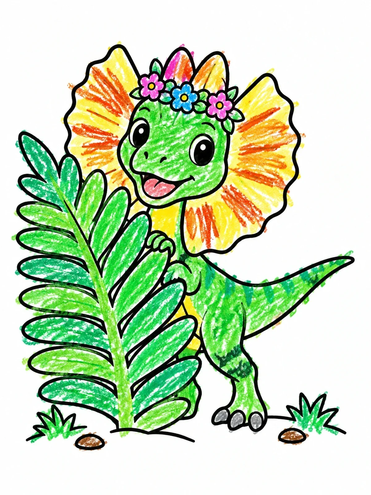 Colored example of the Baby Dilophosaurus With Flower Crown coloring page