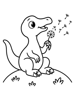 Free printable Cute Baby Dinosaur With Dandelion coloring page