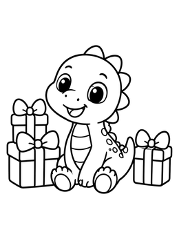 A cheerful baby christmas dinosaur coloring page featuring wrapped holiday presents.