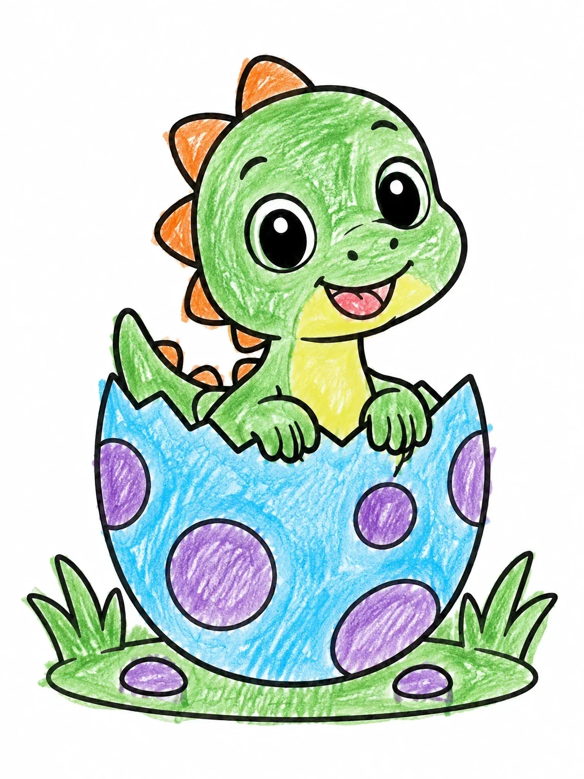 Colored example of the Cute Baby Dinosaur Hatching From Egg coloring page