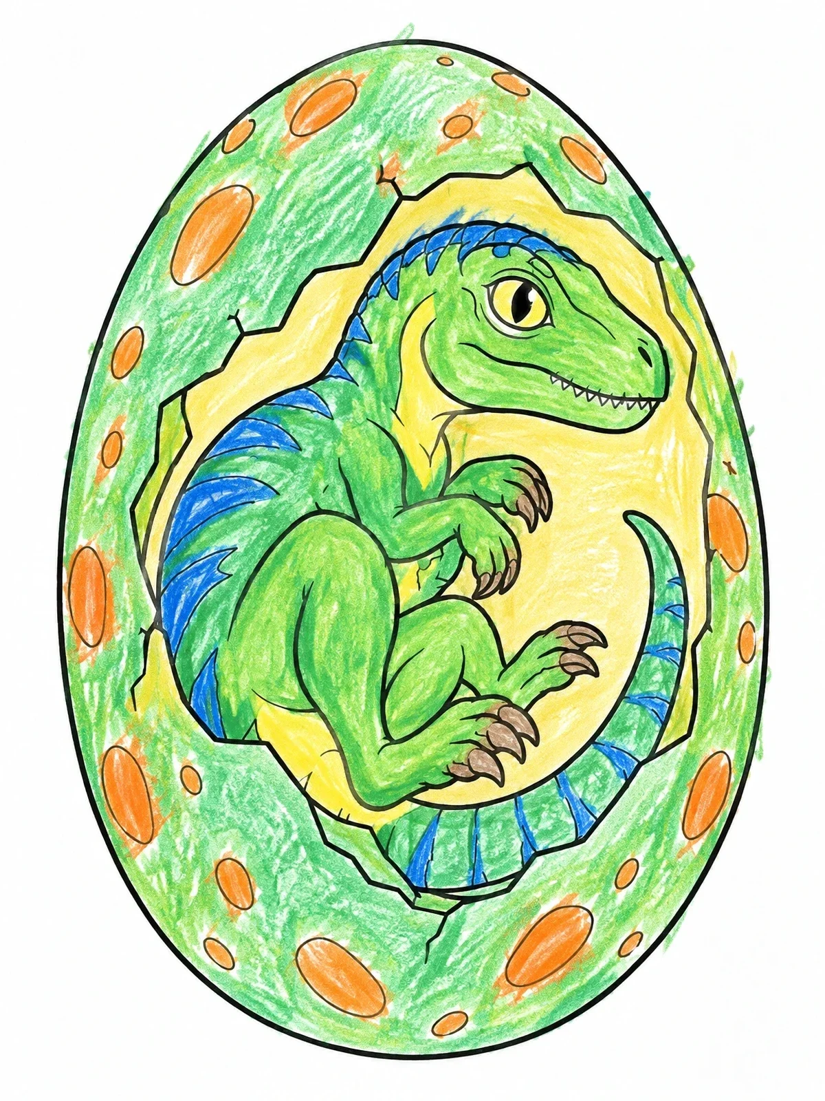 Colored example of the Baby Dinosaur Inside Spotted Egg coloring page