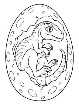 A detailed dinosaur egg coloring page showing a curled baby raptor inside a cracked shell.